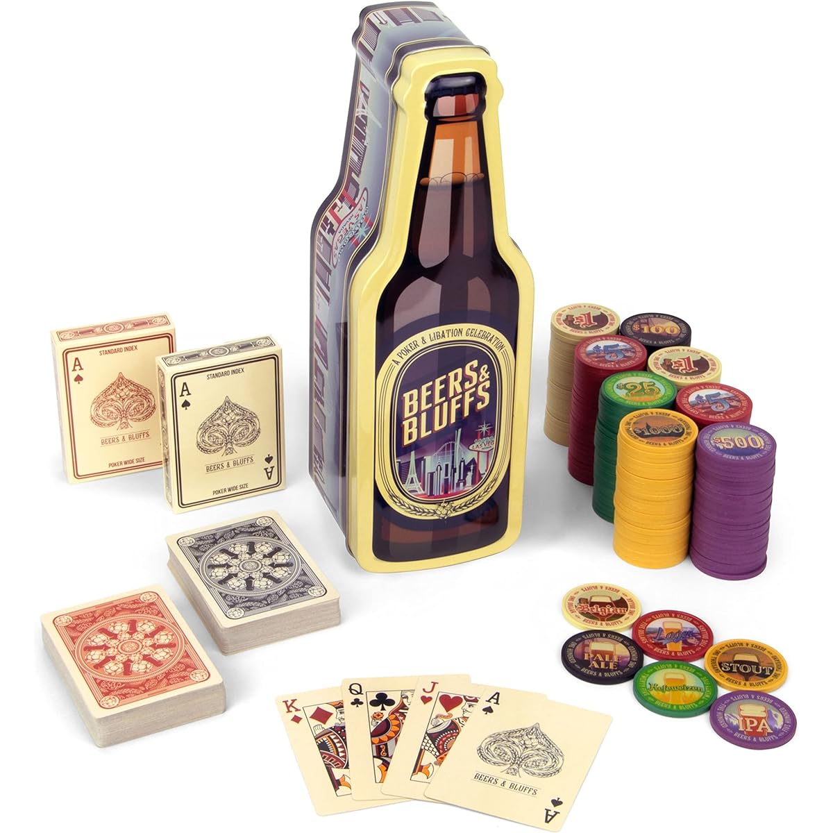 Beers & Bluffs Poker Chip Set - Craft Brew Themed Playing Cards, 2 Decks, 200 Beer Bottle Poker Chips in a Gift Tin