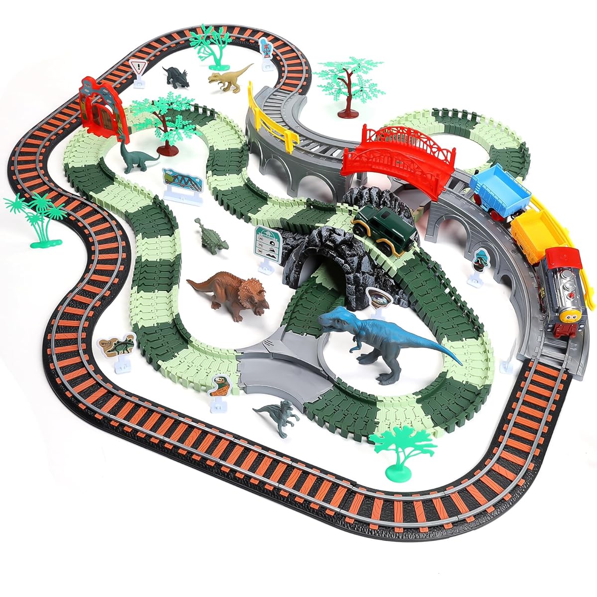 HOLYFUN Dinosaur Toy Rail Adventure 259 Pieces Assembly Toy Train Electric Vehicle Included Sound Effects Railway Toy Dinosaur Figures 8 Educational Toys Birthday Gift