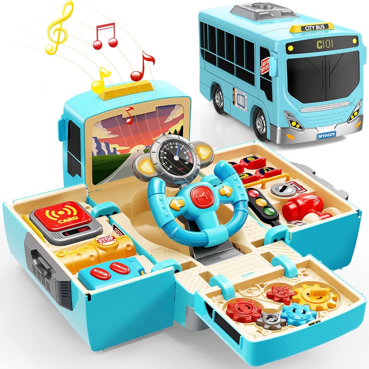 Geyiie Big School Bus Toy Kids School Bus Toy with Music Preschool Learning Toy