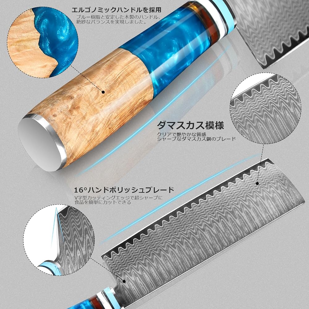 Kyushublade Vegetable Knife, Damascus Knife, Blade Length 6.7 inches (170 mm), Kitchen Utility Chef's Knife, Double-edged Chef's Knife, 67 Layers of High Carbon Stainless Steel, Unique Blue Resin +