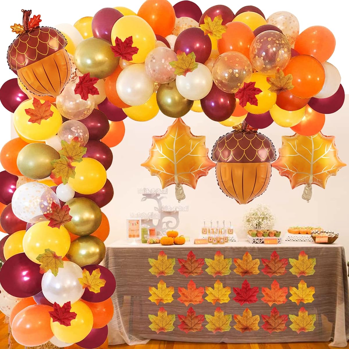 Fall Balloon Garland Arch Kit 110pcs Orange Burgundy Yellow Balloons Confetti Balloons Acorn Maple Foil Balloons Maple Leaves Fall Thanksgiving Party Decorations