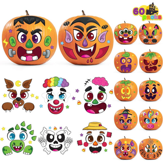 60pcs Halloween Pumpkin Decoration Stickers, 3D Face Stickers Pumpkin Halloween Decoration Craft Kit for Halloween Party, Kids School Activities, Party Favors Supplies