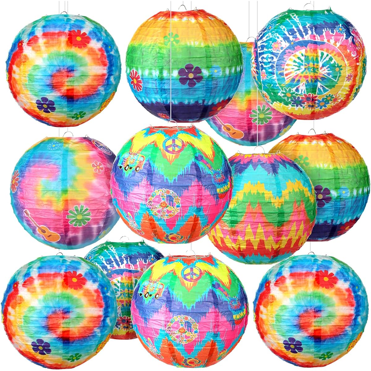 Panelee 12 Pieces 60's 70's Hippie Groovy Party Hanging Paper Lantern Tie Dye Groovy Paper Lantern Hippie Retro Flower Peace Sign Love Guitar Paper Lantern Decoration 1960's Party Decoration Supplies