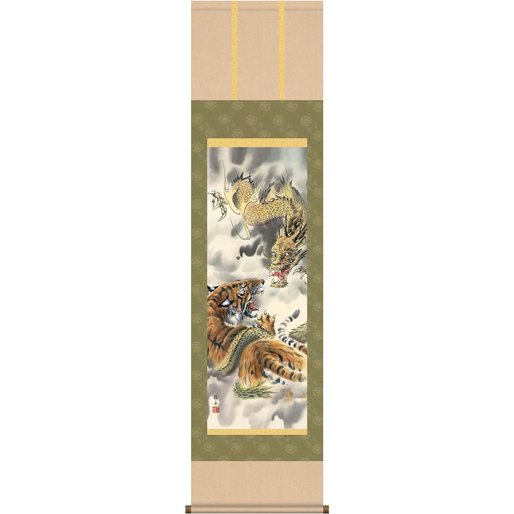 Keishu Nagae Good Luck Scroll (Shakugo) "Dragon and Tiger" in paulownia box D3-016