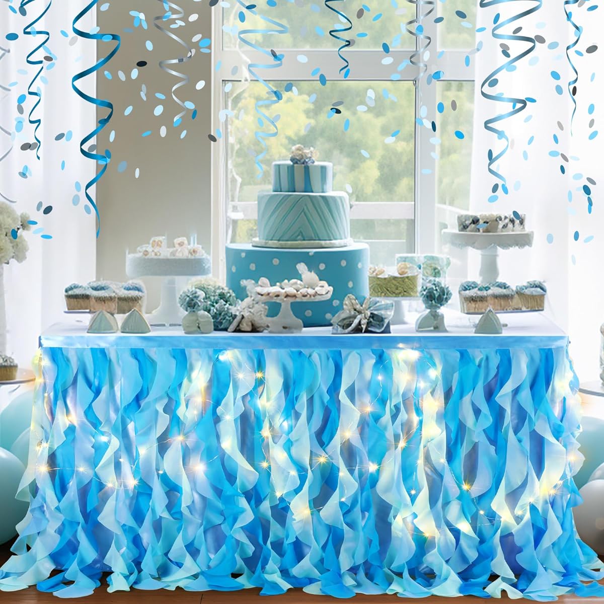 Maxcheck 1 Set Tutu Table Skirt with LED Lights 6ft Curly Tulle Table Skirt Decoration Ruffled Willow Table Skirt for Rectangular Table 6ft Desk Skirt Tablecloth for Birthday Party Wedding (Blue)