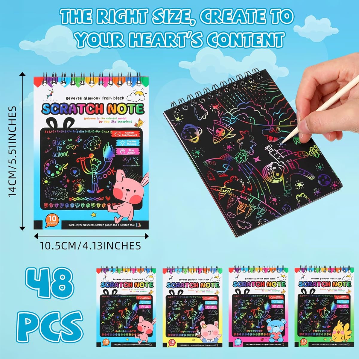 Seajan Scratch Note Pads 48pcs for Kids Rainbow Scratch Paper Scratch Off Notebook Color Scratch Art Craft Drawing Paper for Children Girls Boys Birthday Christmas Party Gift Project Kit Supplies
