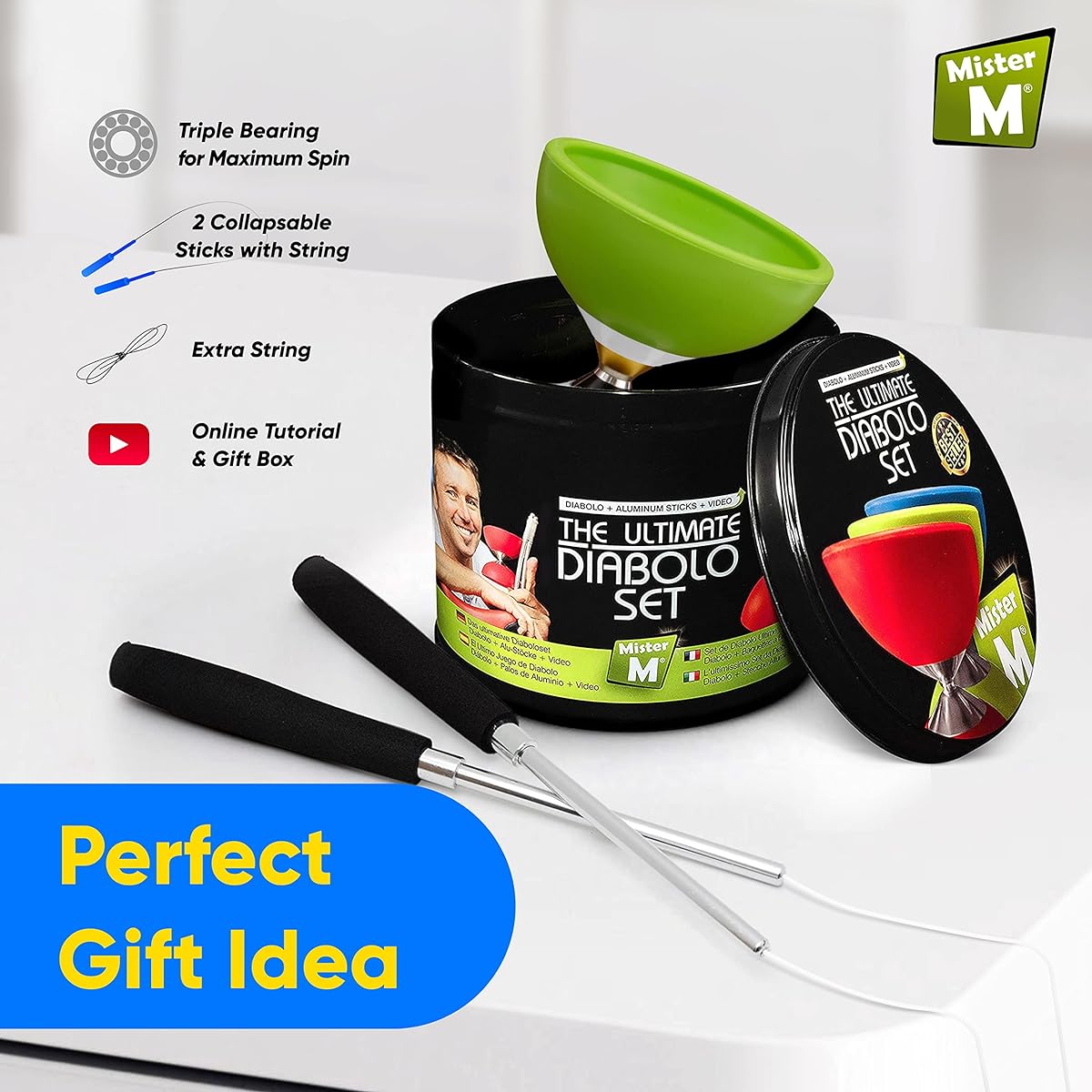Mister M | The Ultimate Diabolo Juggling Set | Perfect for Beginners and Professionals | Diabolo Aluminum Sticks and Spare Strings | Includes Online Videos to Learn the Art of Juggling