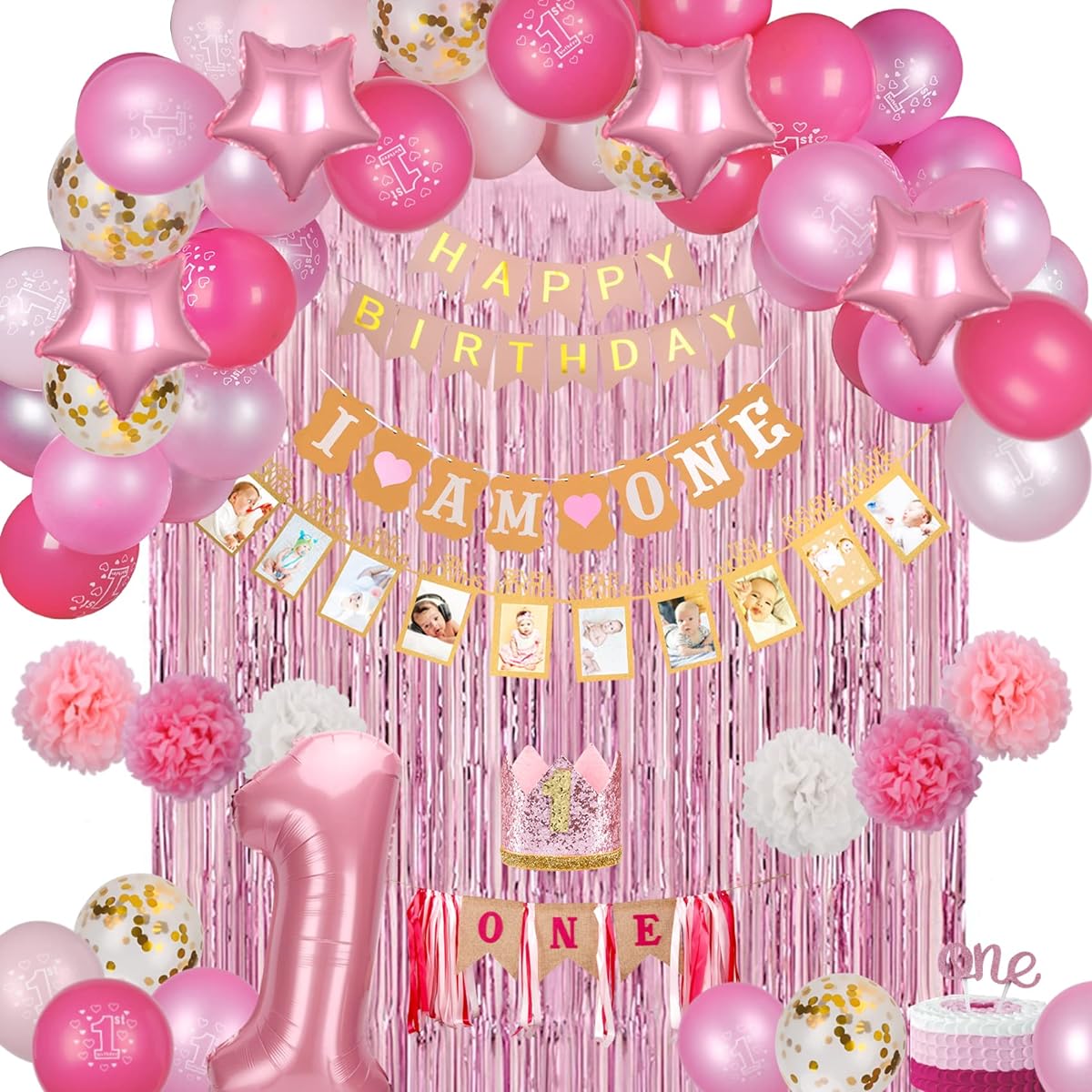 EAF 1st Birthday Decorations for Girls, 72pcs Pink 1st Birthday Decorations with Pink Tinsel Curtain, 12 Months Photo Banner, 1st Birthday, Highchair Banner, I AM ONE, Happy Birthday Banner