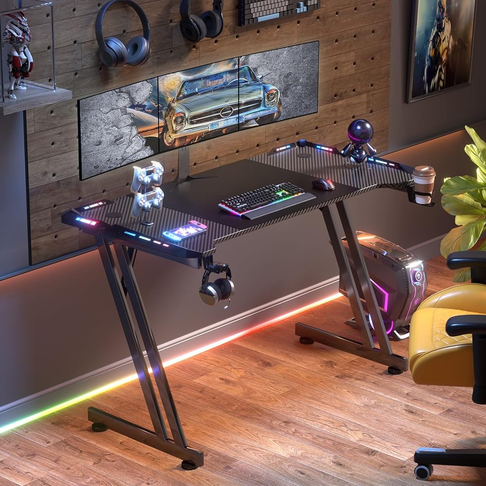 HLFURNITURE Gaming Desk, Computer Desk, Work Desk "One Year Manufacturer's Warranty" Width 120cm x Depth 60cm PC Desk with Headphone Hook and Cup Holder Easy to Assemble with RGB Ride Black