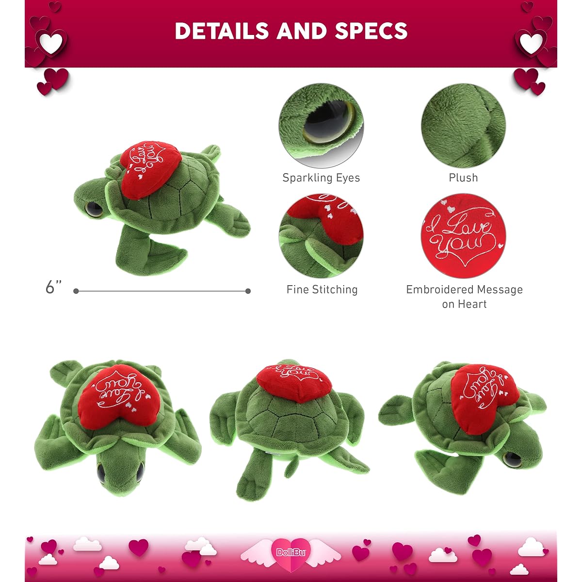 DolliBu I Love You Valentine Plush Big Eye Sea Turtle - Cute Soft Cuddly Animal Red Heart Stuffed Animal for Valentine's Day Birthday Gift, Anniversary, Romantic Date - 6 Inch