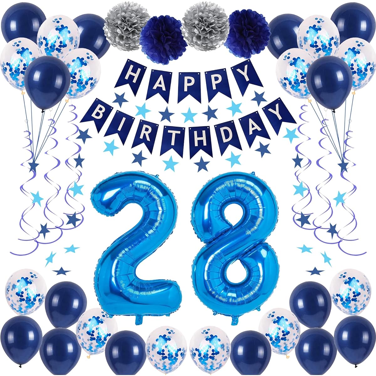 NANINUNENO 28 Year Old Blue Birthday Party Decorations for Boys Girls Men Women Happy 28 Birthday Party Supplies Happy Birthday Banner Number Balloons 28 Pieces Blue Star Streamer Hanging Swirls