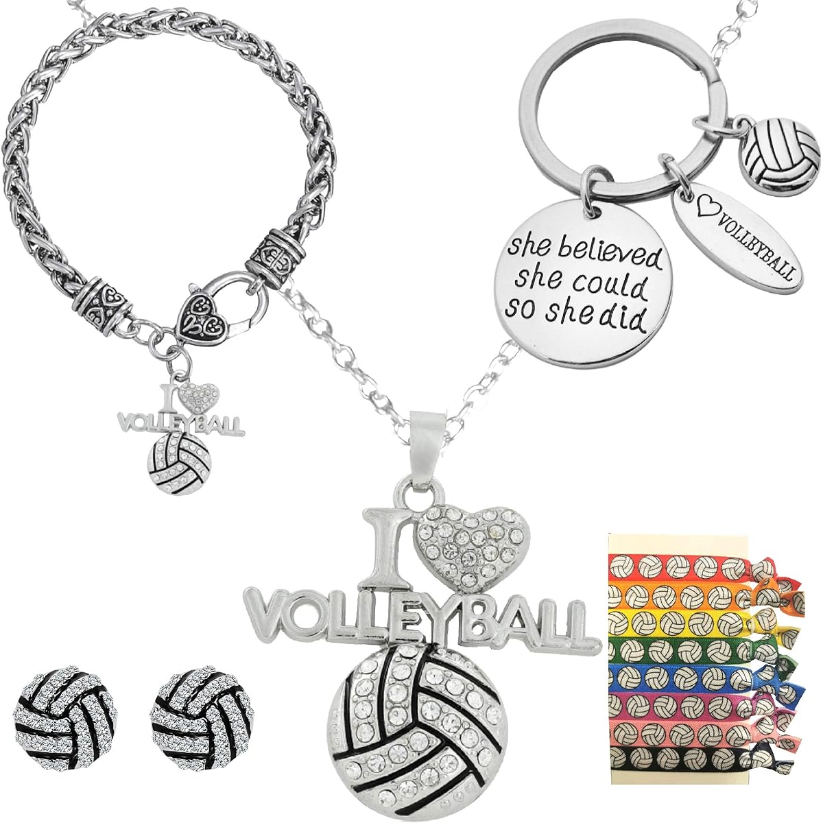 volleyball girl gift set,volleyball girl necklace,volleyball girl bracelet,volleyball earrings,volleyball key chain,volleyball ponytail tie for girls,volleyball girl jewelry set,volleyball gifts.