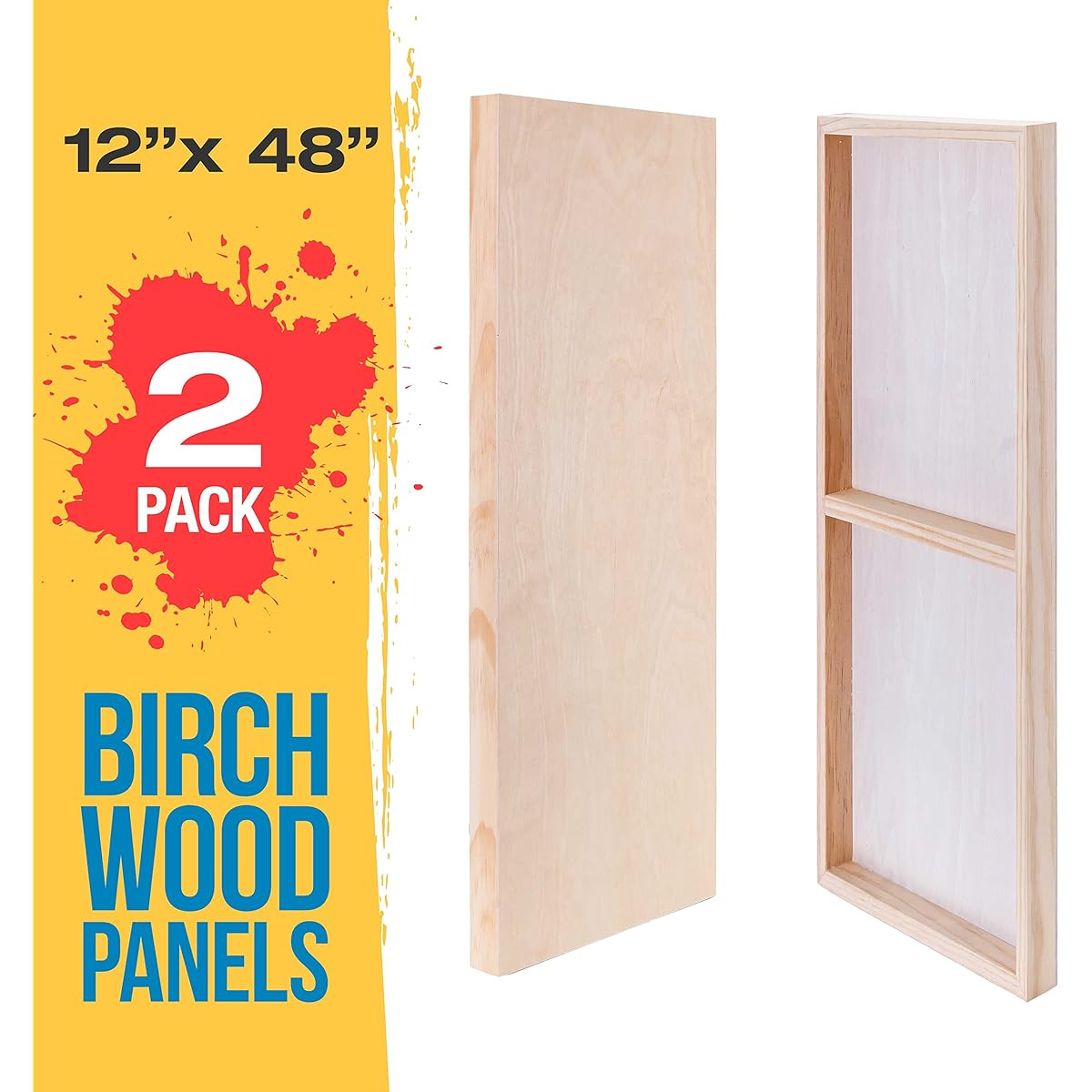 U.S. Art Supply 12" x 48" Birch Wood Paint Pour Panel Board Gallery 1-1/2" Depth Cradle (Pack of 2) - Artist Depth Wood Wall Canvas - Paint Mix Media Craft Acrylic Oil Baking