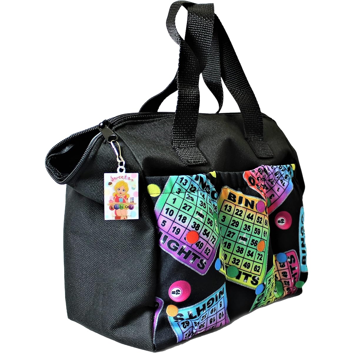 LUCKY LADY DAUBER CO Neon 6-Pocket Bingo Bag with Unique Sweet-on-Bingo Charm and Inner Liner, Black Neon