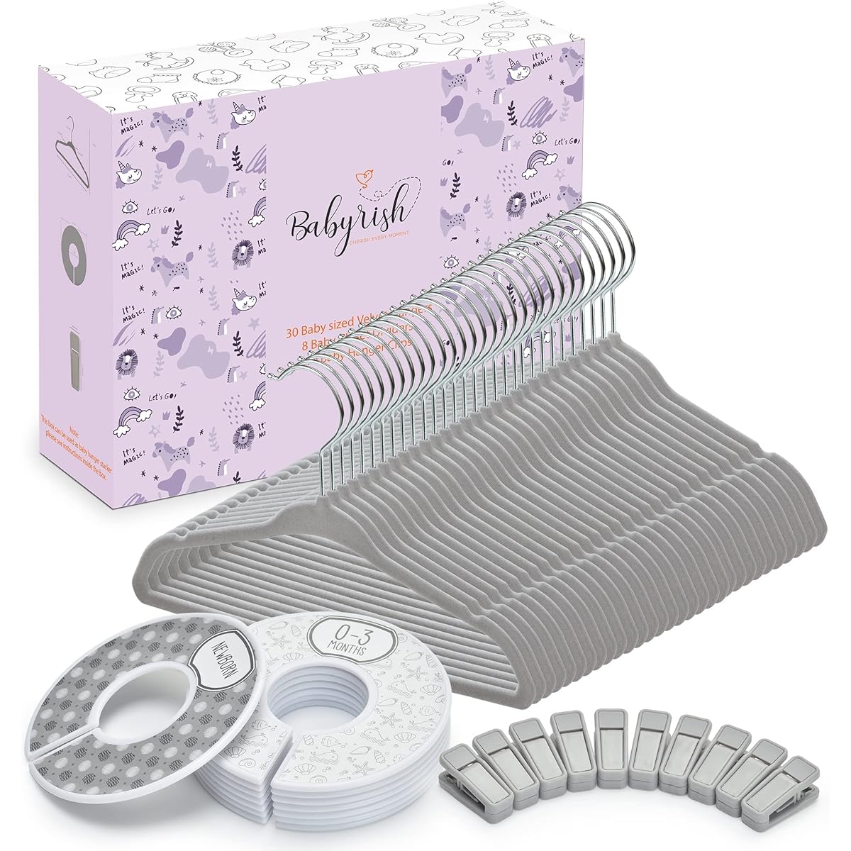 Babyrish Velvet Baby Hangers, 30 Pack Ultra Thin Non-Slip Nursery Clothes Hangers with 8 Cute Clothes Dividers and 10 Hanging Clips for Baby Boys and Girls, Grey