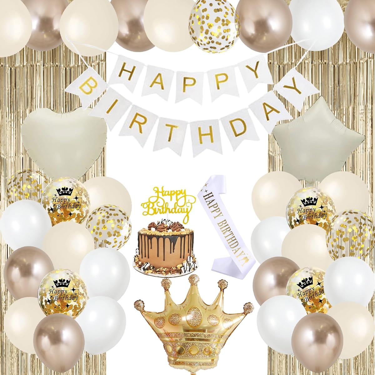 White and Gold Birthday Decorations Beige Neutral Birthday Decorations Cream Champagne Gold Birthday Balloons Happy Birthday Banner Foil Balloons Fringe Curtains for Women Girls Boho Birthday Party Supplies