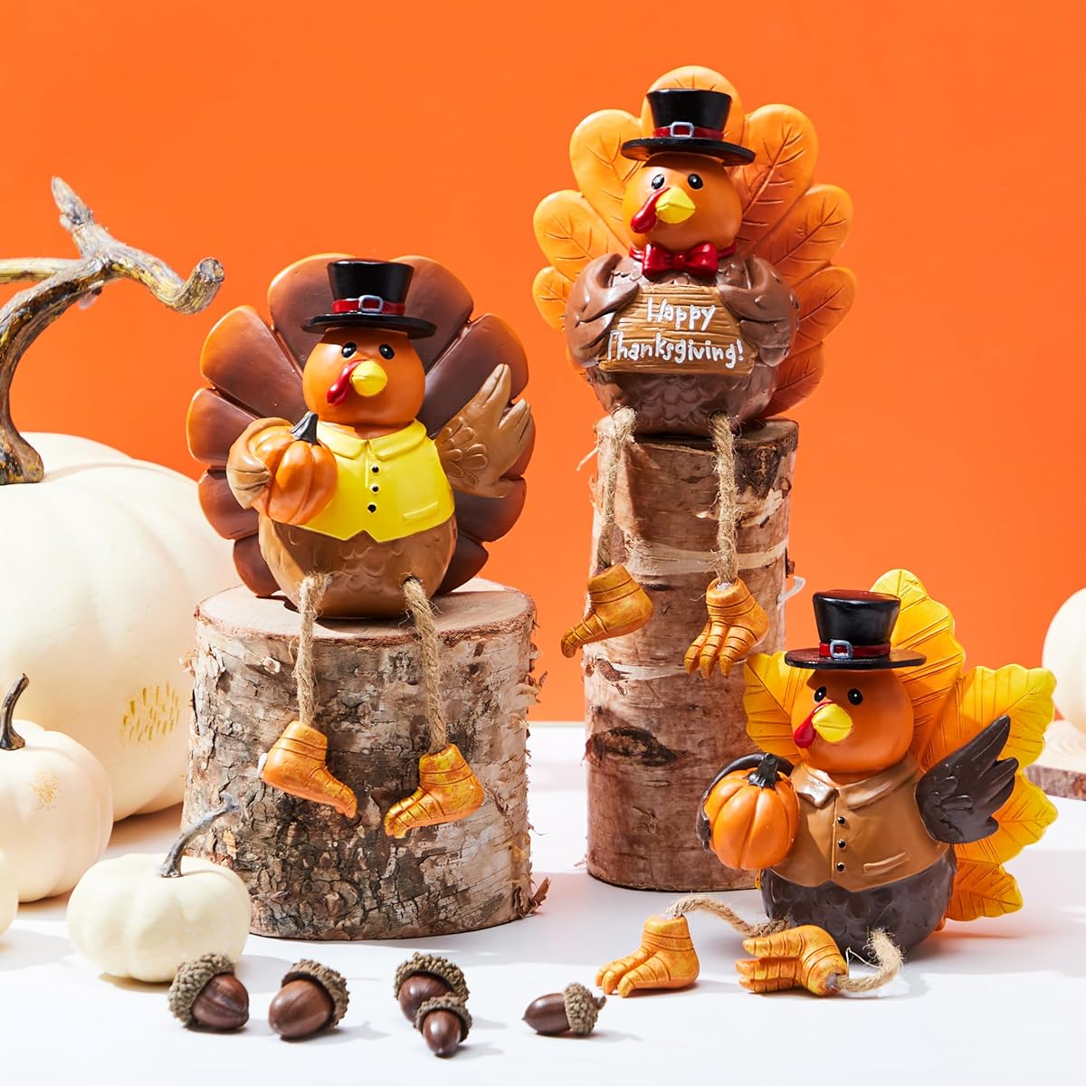 JOYIN Thanksgiving Turkey Tabletop Centerpiece, Resin Turkey Fall Figurine with Hanging Legs Pumpkin Decorations Fall Harvest Day Tabletop Collection for Thanksgiving Party Kitchen Party