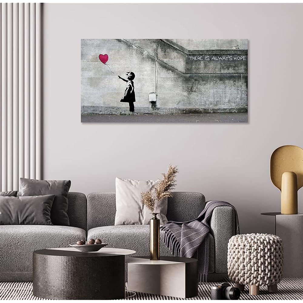 Banksy Red Balloon and Girl Art Panel Large Banksy Monochrome Poster Painting Wall Hanging Room Decoration Bath Entrance Finished Product with Wooden Frame (40x80cm)