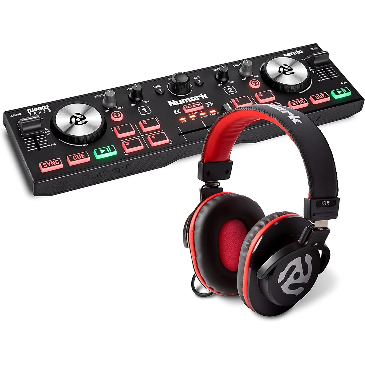 Numark Portable Compact DJ Controller and Closed Headphone Set DJ2GO2 Touch & HF175 Numark