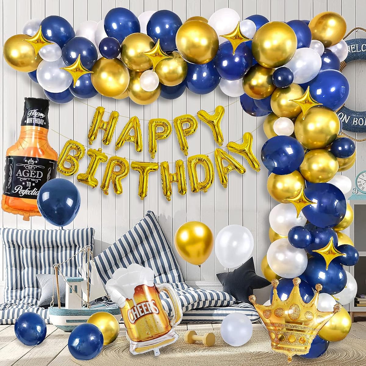 Navy Blue Gold Birthday Party Decorations for Men Happy Birthday Banner Decorations with Crown Balloons, Champagne Foil Balloons, Beer Cup Balloons, Birthday Party Supplies
