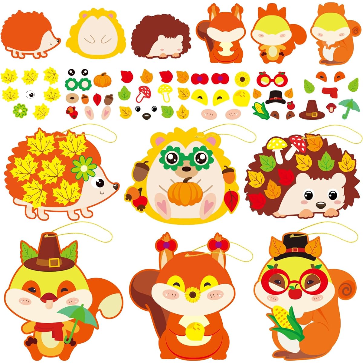 Qyeahkj 36 Sets Autumn DIY Art Craft Kit Hedgehog Squirrel Ornament Art Set Autumn Leaves Stickers Arts & Crafts for Kids Thanksgiving Class Activities Party Decorations