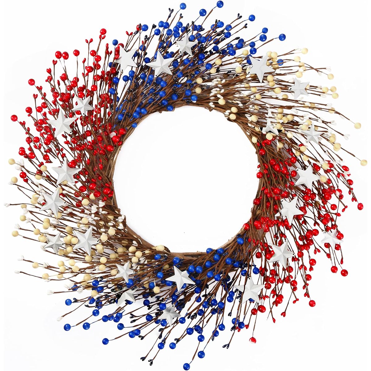 Sggvecsy 20" 4th of July Patriot's Day Wreath Red Blue White Berry Wreath Americana Flag Metal Star Patriotic Decorations for Memorial Day Independence Day Veterans Day Front Door Wall