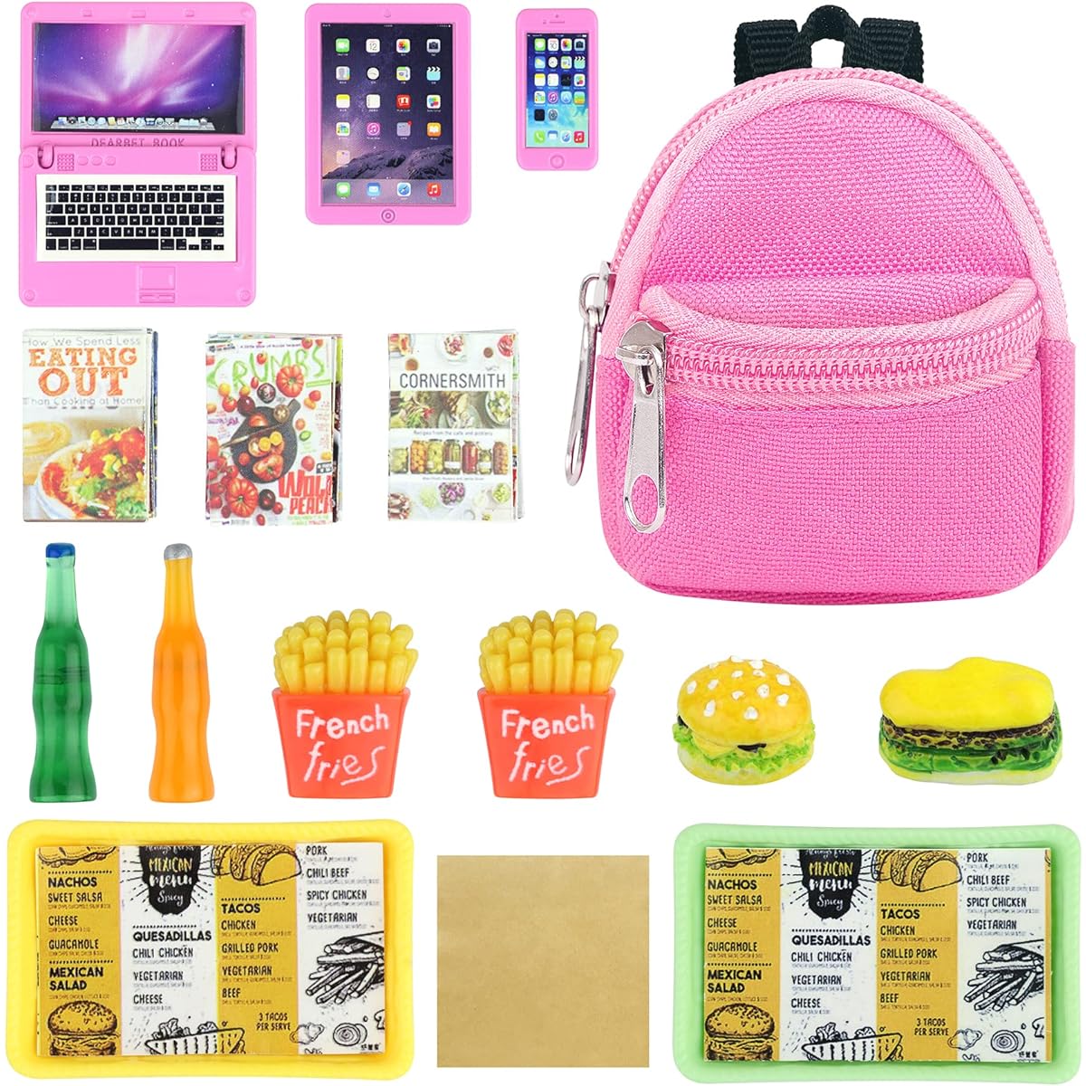 18INDC Doll Accessories 15Pcs Miniature Laptop Computer Tablet Cell Phone Mini Backpack Mini Food Burger Soda Set and Burger Hot Dog Set Gourmet Magazine for 11.5" Dolls