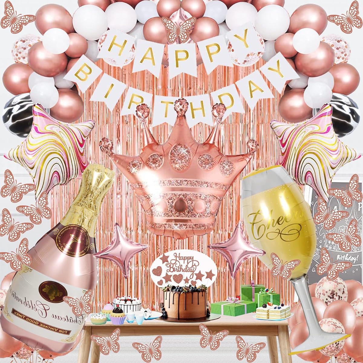 Rose Gold Birthday Decorations for Women Girls Birthday Party Supplies with Happy Birthday Banner Fringe Curtain Tassel Garland Cake Topper for Girls Women Birthday Party