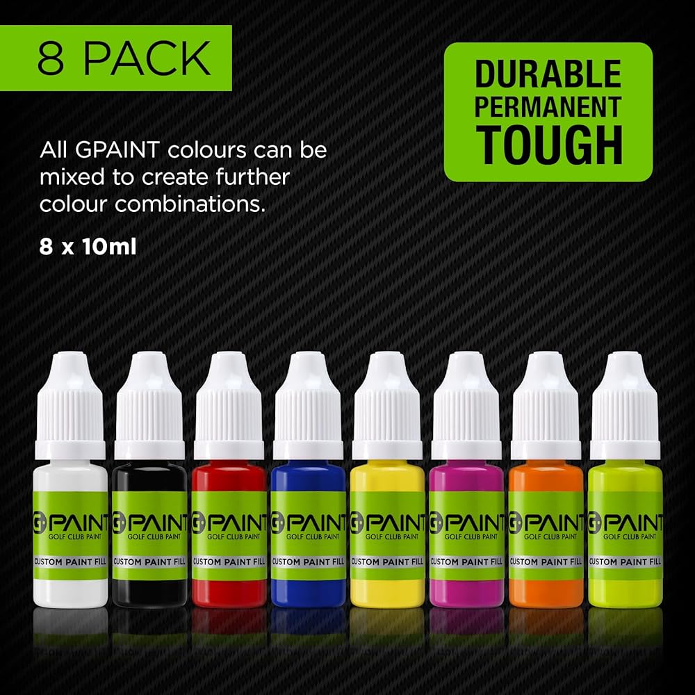 G-Paint Golf Club Paint for Touch Up/Filling/Customizing/Renovation 8-Pack 10ml Bottles Black White Red Blue Yellow Pink Orange Green