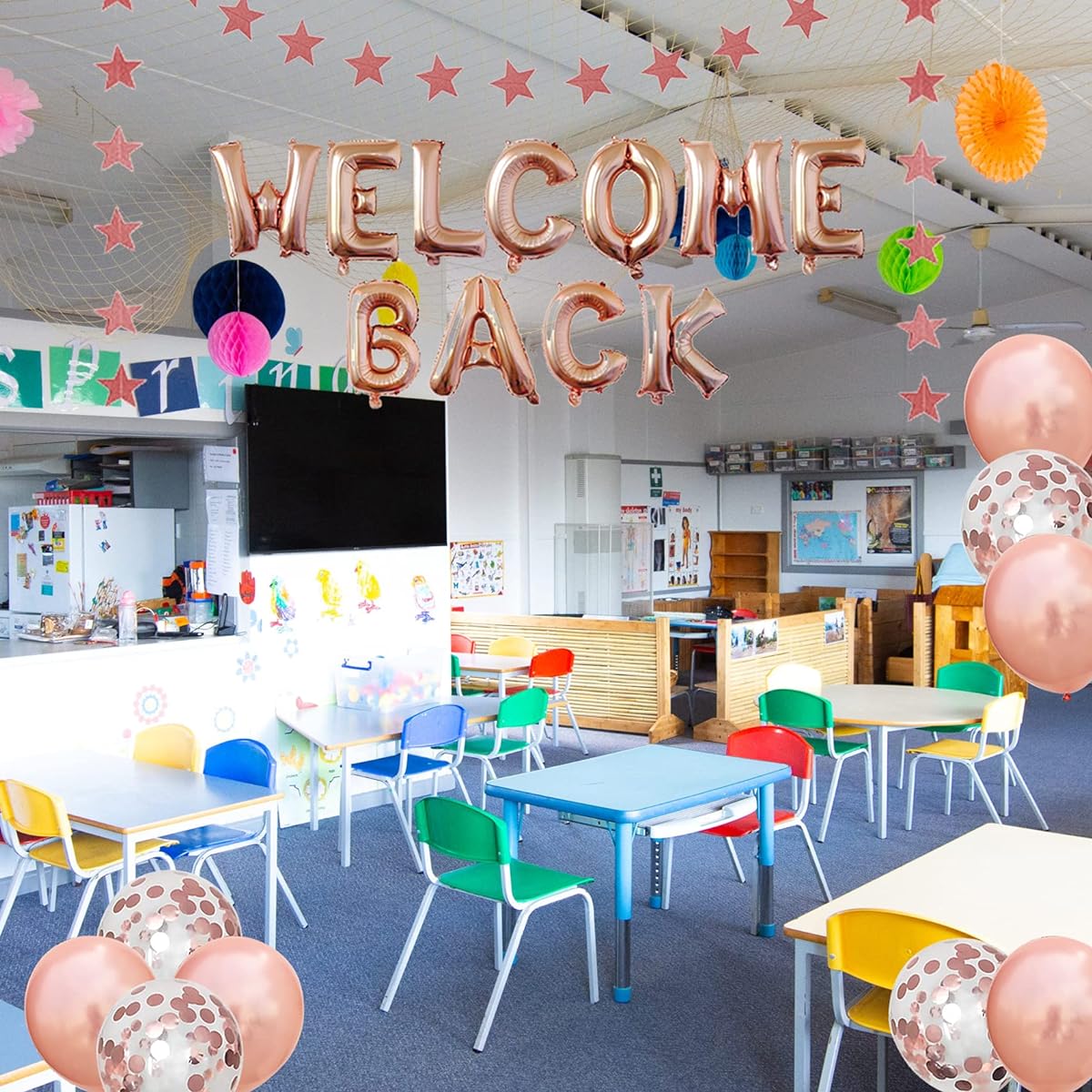 JumDaQ Welcome Back Letter Balloons, Star Banner Garland, Rose Gold Confetti Balloons for Homecoming/Back to School/Reunion/Home Family Party Decorations (23 Pack) (Rose Gold)