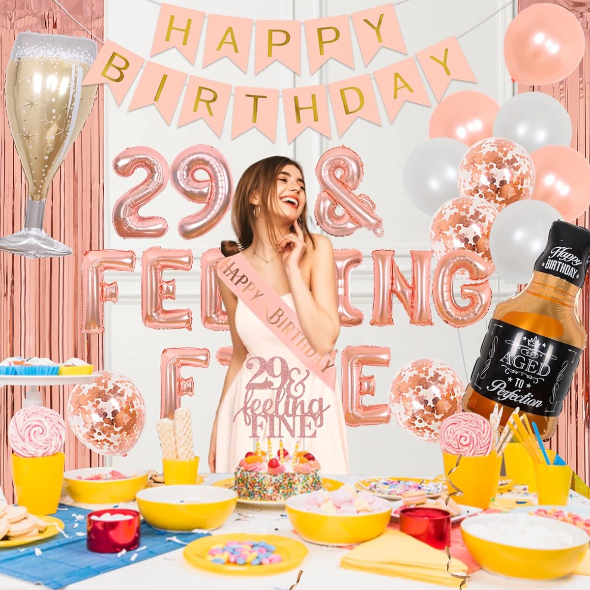 Cheereveal 29th Birthday Decorations for Women Rose Gold 29&Feeling Fine Birthday Decorations 29th Birthday Toast Balloons 29th Birthday Feeling Fine Cake Topper 29th Birthday Decorations