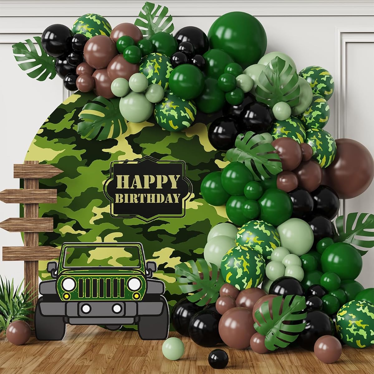 Camouflage Balloon Garland Arch Kit for Army Party Decorations, 142 Pieces Camouflage Balloons Dark Green Black Brown Balloons with Palm Leaves Military Camo Birthday Party Hunting Camping Game Jungle Theme Party Decoration (Green Black)