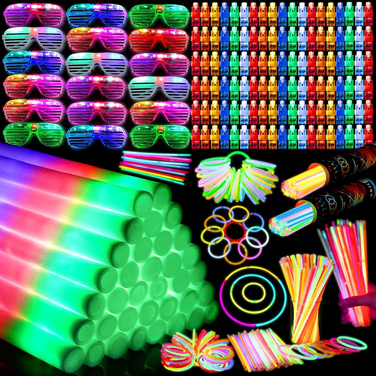 Glimin 358pcs Glow in the Dark Party Supplies Light Up Party Favors Toys - 40pcs Foam Glow Sticks, 18pcs Bulk LED Glasses, 100pcs Finger Lights, 200pcs Glow Sticks for Adults Neon Birthday Decorations for Boys and Girls