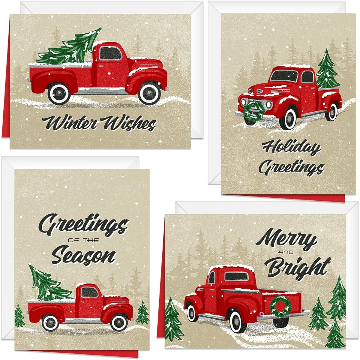 Rustic Vintage Truck Holiday Card Pack / 24 Farmhouse Christmas Cards with White Envelopes / 6 1/4" x 4 5/8" Seasonal Greeting Cards / 4 Holiday Designs