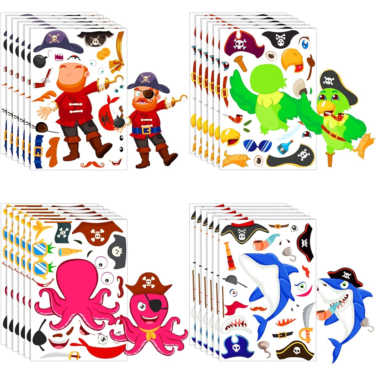 Konsait 24 Sheets Pirate Make Your Own Stickers Decorative for Kids Pirate Theme Sticker Mix and Match Shark Sticker Parrot Jake Captain Birthday Party Favors Crafts Supplies