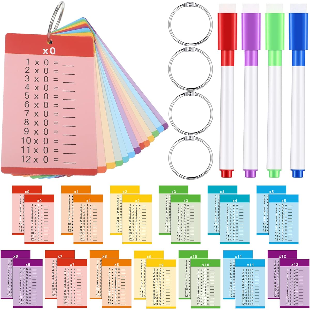 52 Pieces Multiplication Flash Cards, Math Flash Cards, Educational Time Table Flash Cards with 4 Dry Erase Markers and 4 Rings for Kids in 1st to 3rd Grade, Fun Math Classroom Learning Supplies