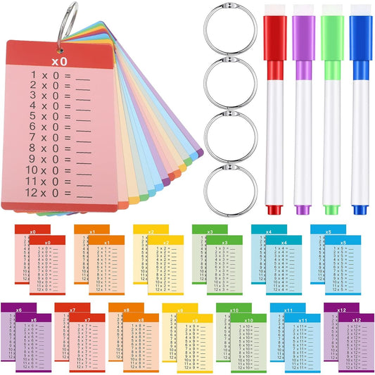 52 Pieces Multiplication Flash Cards, Math Flash Cards, Educational Time Table Flash Cards with 4 Dry Erase Markers and 4 Rings for Kids in 1st to 3rd Grade, Fun Math Classroom Learning Supplies