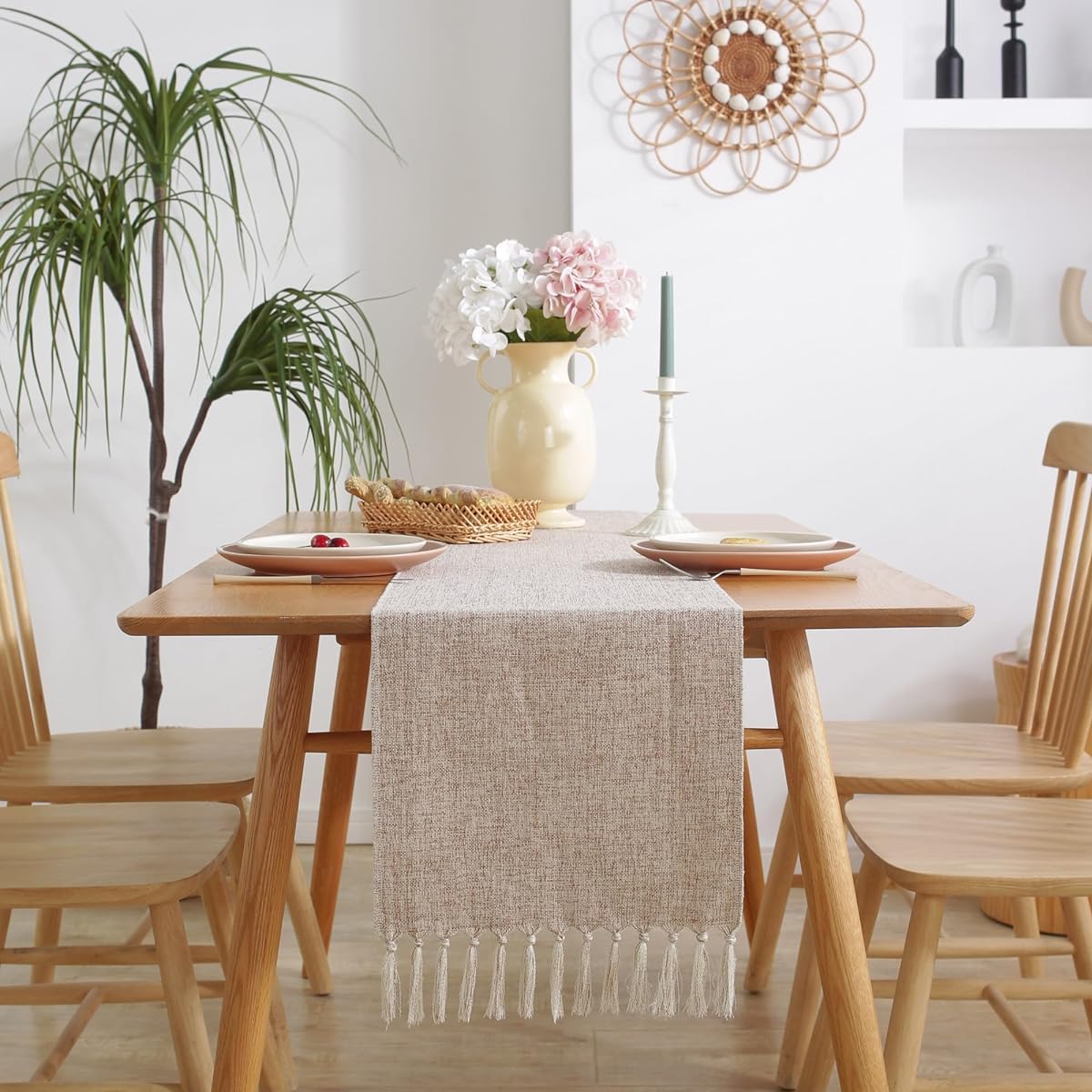 JIALE Fall Table Runner Rustic Farmhouse Table Runner with Tassels 72" Length Boho Cotton Linen Table Runner Table Decoration for Holiday Party Wedding 13x72" Beige