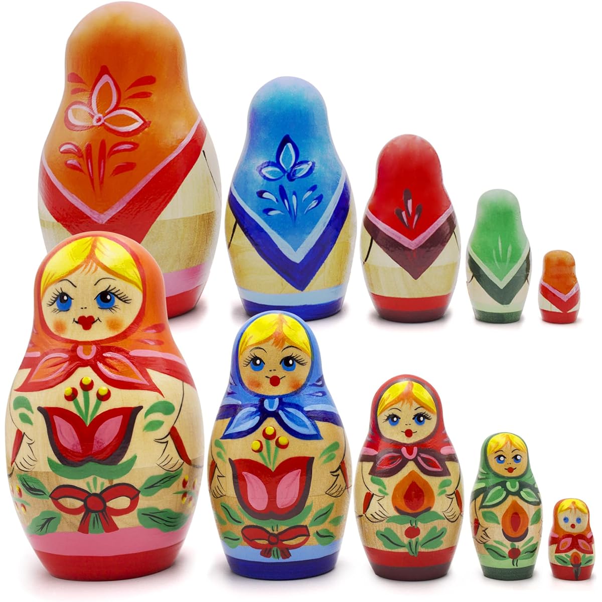 AEVVV Russian Nesting Dolls Set 5 Pieces Handmade Original Hand Painted Traditional Russian Dolls with Flowers in Ethnic Dresses Wooden Matryoshka Nesting Stacking Dolls