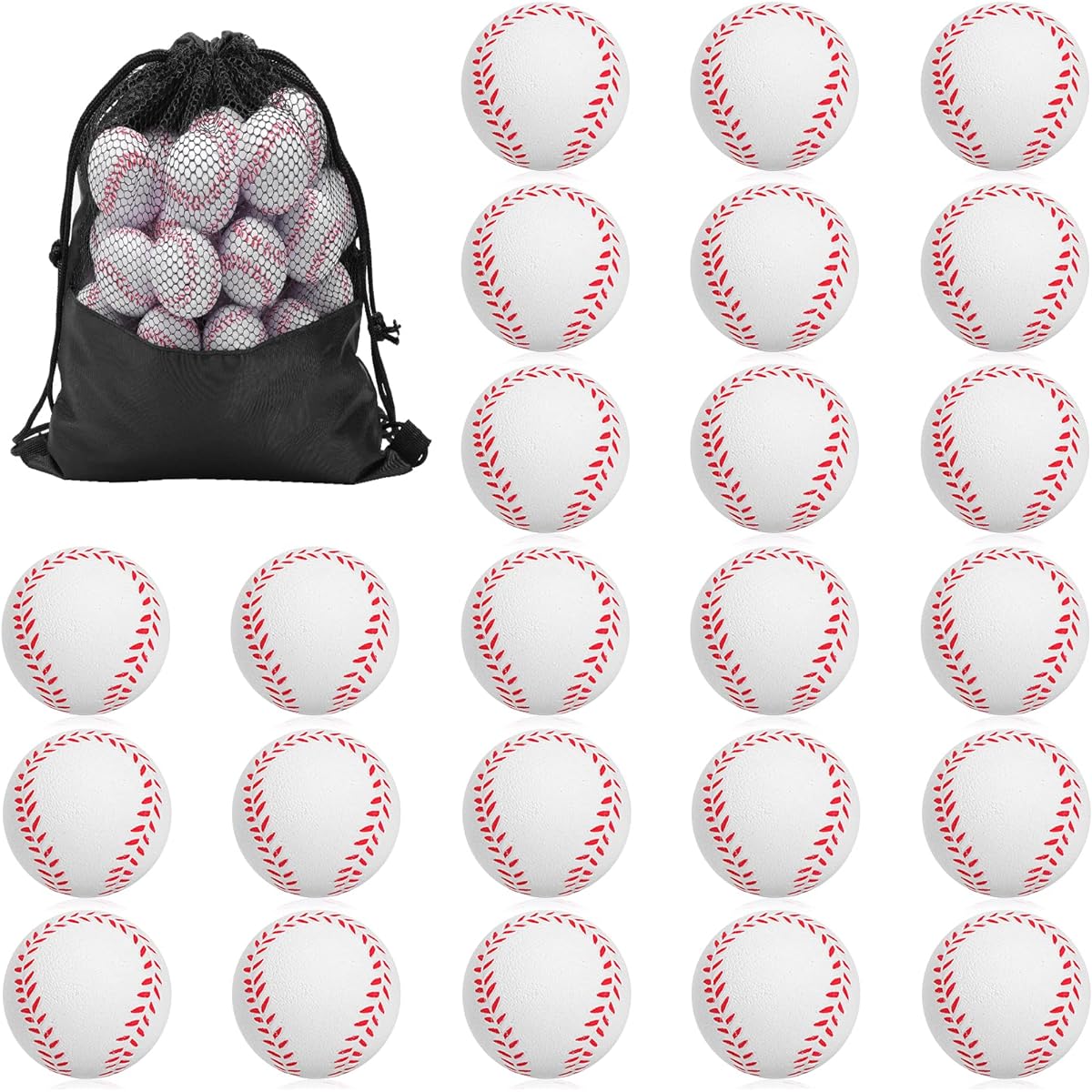 Erinnmy Mini Sport Balls Foam Softballs Stress Balls with Black Drawstring Mesh Bags - Pack of 24