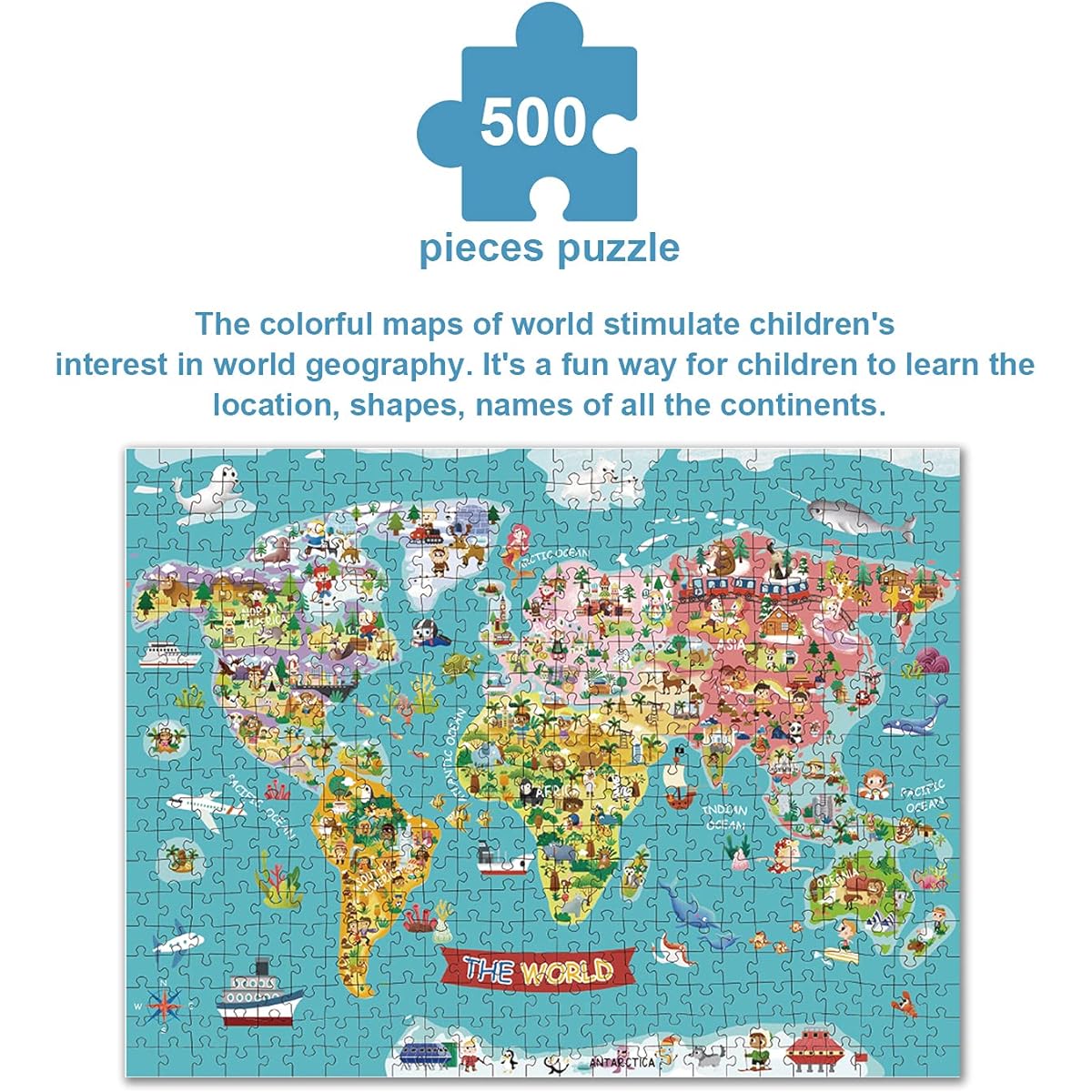 TOOKYLAND World Map Puzzle for Kids, Map Puzzle, 500 Pieces, World Puzzle with Continents, Geography Puzzle, Map Learning, For Ages 6 and Up