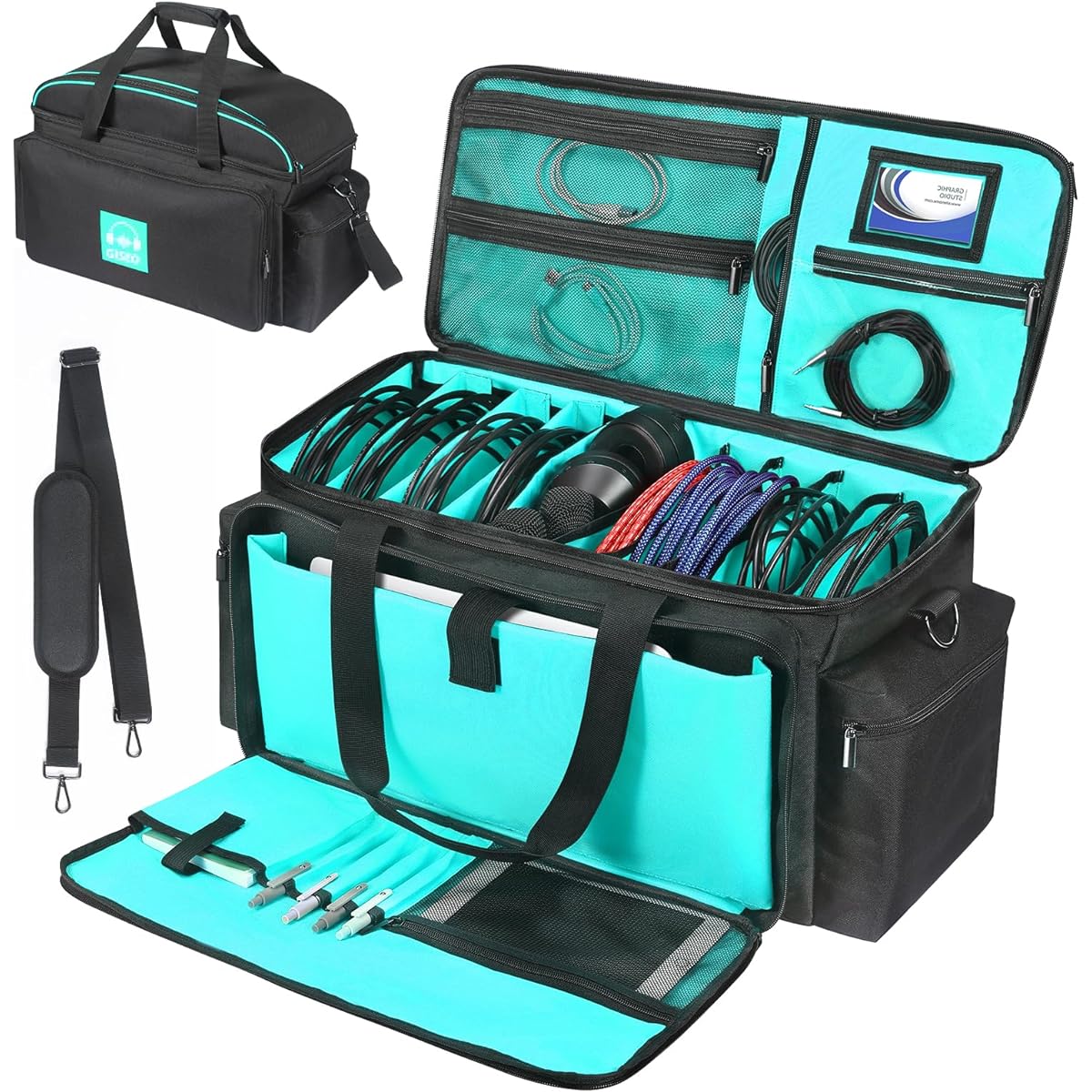 OUKNAK DJ Gig Bag DJ Cable File Bag with Removable Padded Bottom and Dividers Travel Gig Bag Cord Sound Equipment DJ Gear Musician Accessories (Blue)