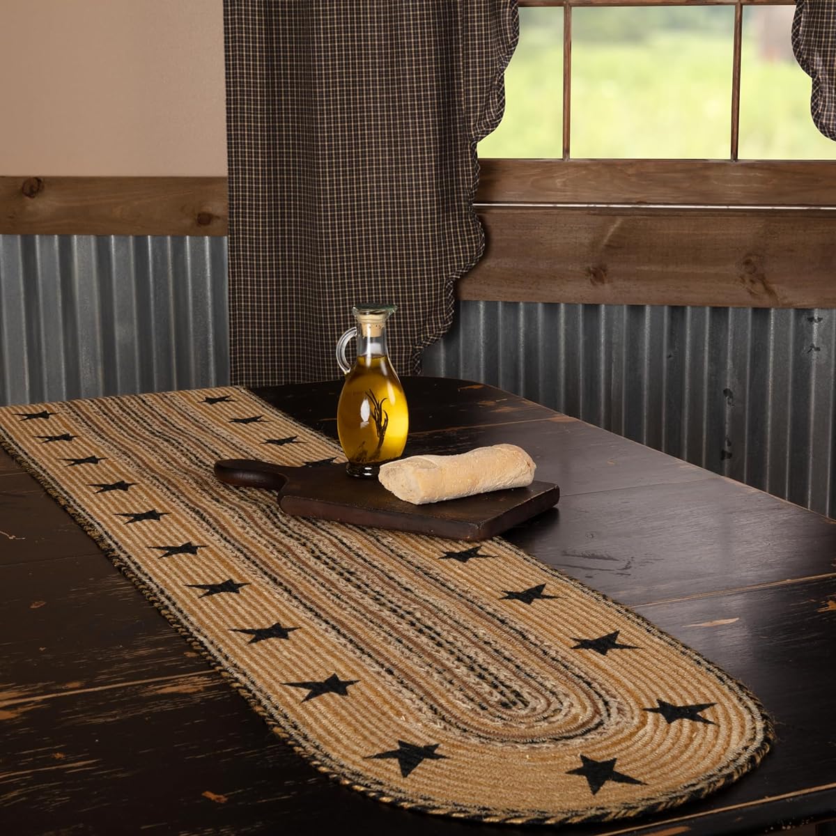 VHC Brands Kettle Grove Jute Runner Stencil Star Border 13x72 Primitive Country Braided Kitchen Table Top Design Caramel Brown