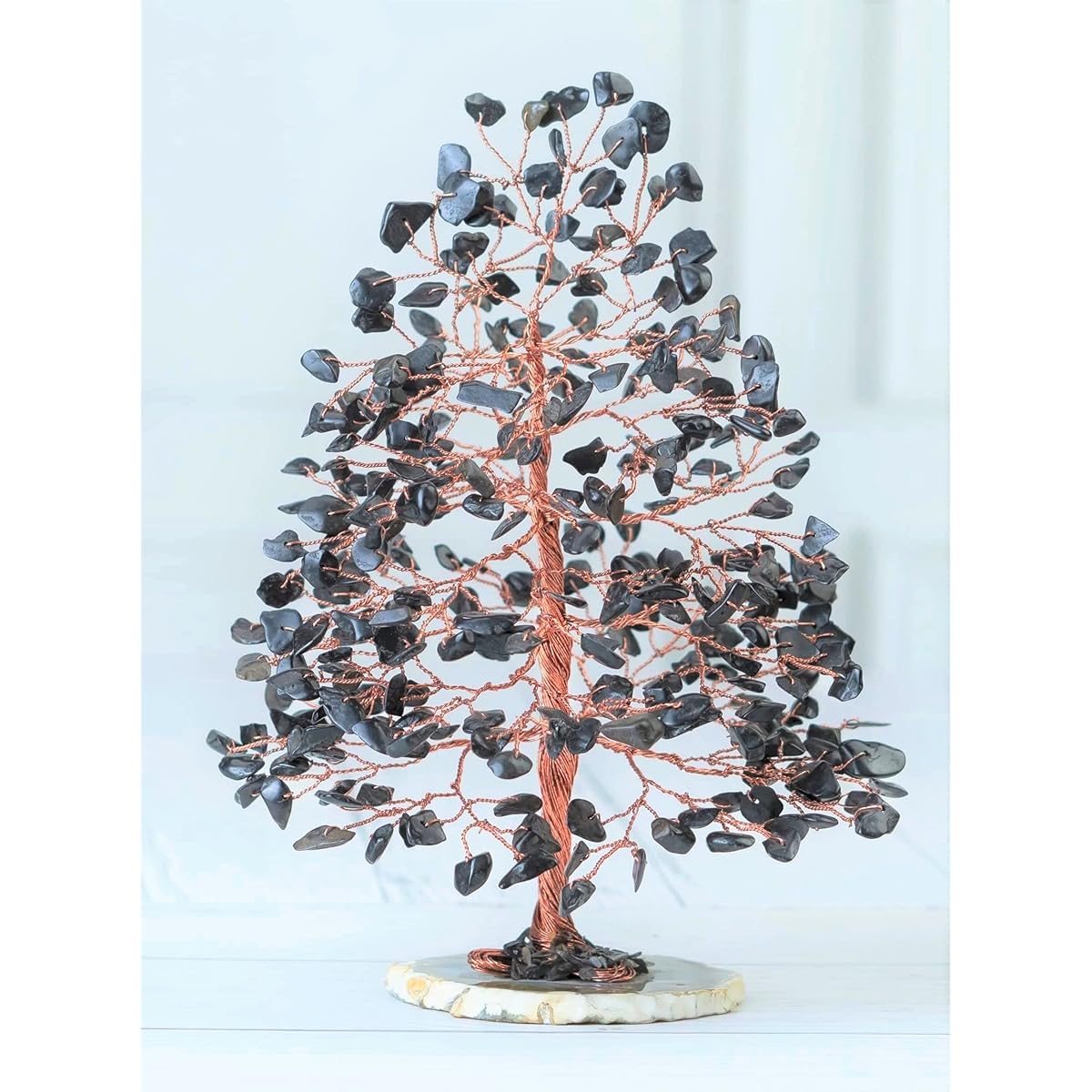 Crocon Black Tourmaline Gemstone Tree of Life - Geode Agate Slice Base, Positive Energy Crystal Tree, Chakra Tree, Feng Shui Decoration - Healing Stone, Money Bonsai, Home Decoration Crystal, Spiritual Gift
