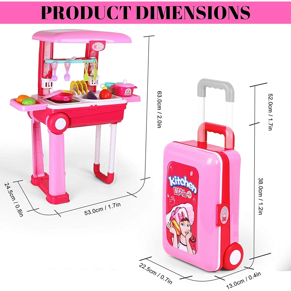 Toy Chef 2-in-1 Travel Suitcase Kitchen Set for Kids | Toy Pots, Pans, Dishes, Cookware, Food, ABS Plastic Pretend Play Kit for Boys & Girls | Great Gift Kitchen Pink BH1872