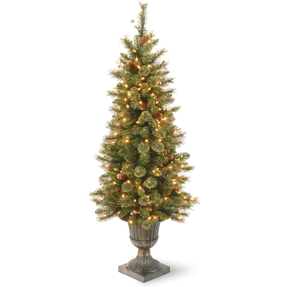National Tree Company Lighted Artificial Christmas Tree for Entrance | Flocked Cone and Goldberry | Includes White Lights with String | Glitter Gold Pine - 4 Feet
