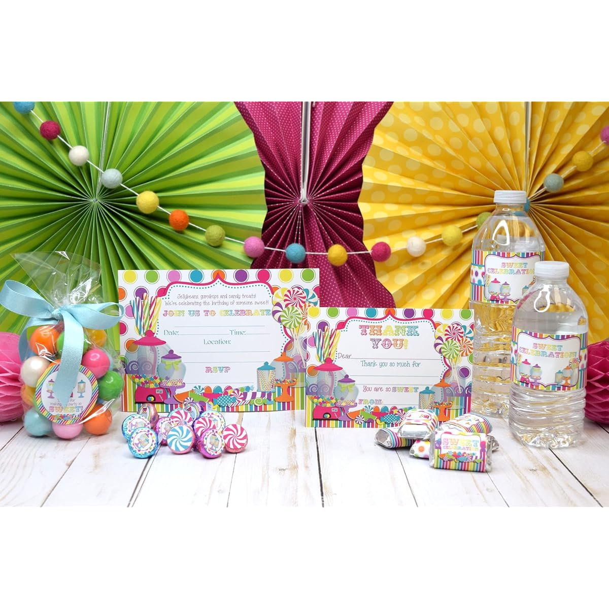 Deluxe Sweet Shop Candy Shop Birthday Party Set - 20 of Each 5"x7" Invitations, Thank You Cards, Thank You Party Stickers and Envelopes
