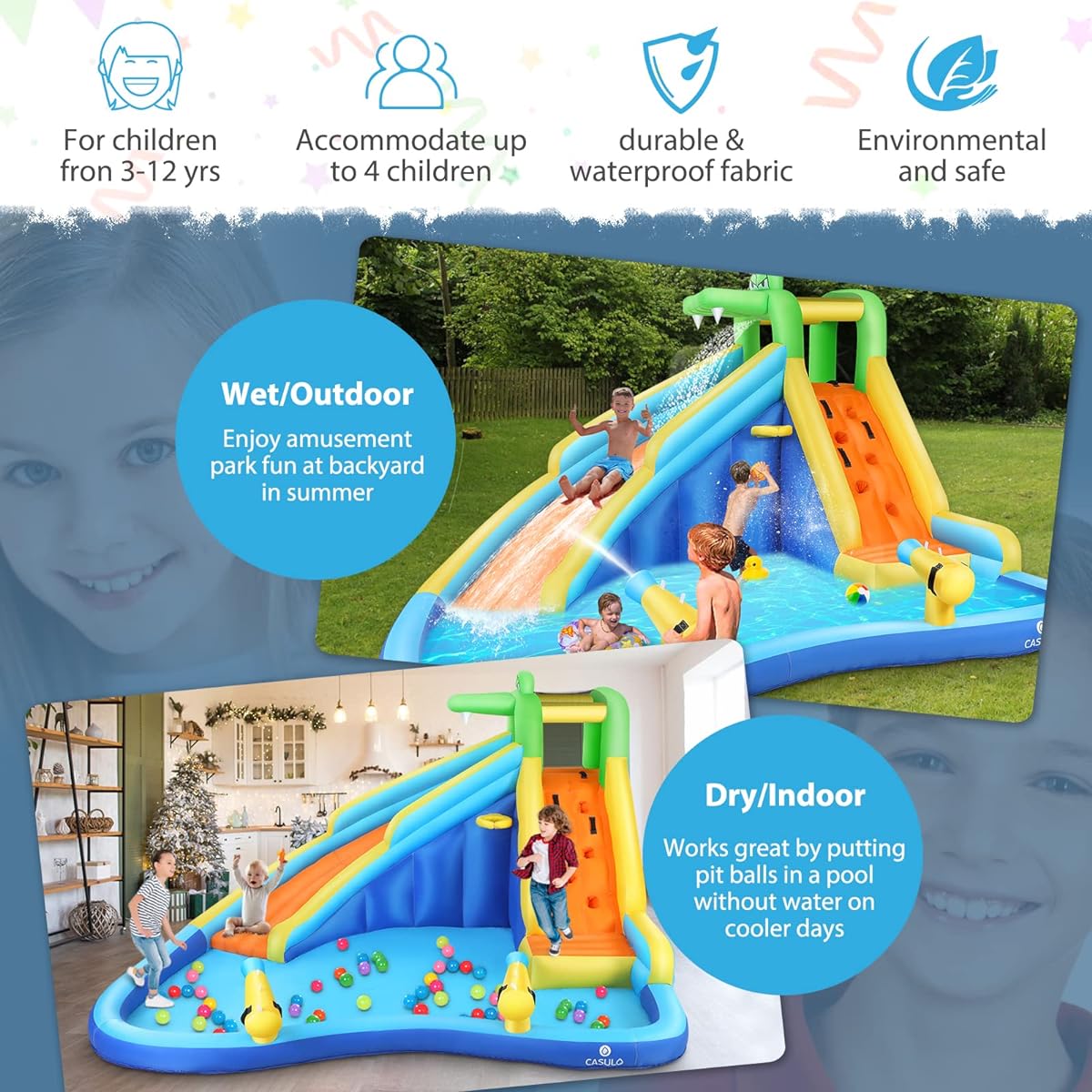 Inflatable Water Slide 7 in 1 Kids Water Slide with Blower Water Bounce House Water Park Kids Backyard Water Slide Splash Pool Water Gun Climbing Wall Bounce Water Slide for Wet & Dry