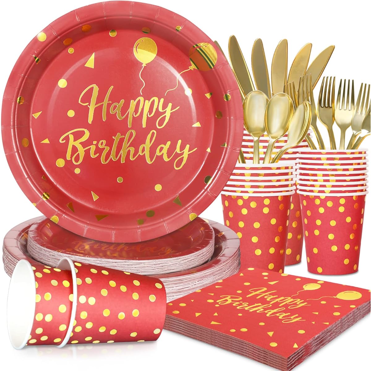 FEENRUI Red Birthday Decorations, Red Paper Plates and Napkins Party Supplies for Women Birthday Party Decorations Set for 25 People