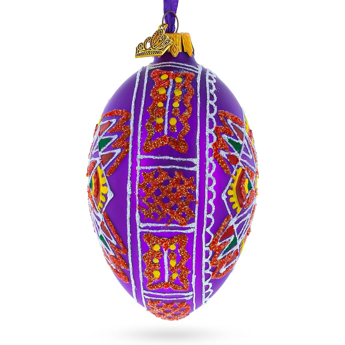 Purple Geometric Ukrainian Egg Glass Christmas Ornament 4"
